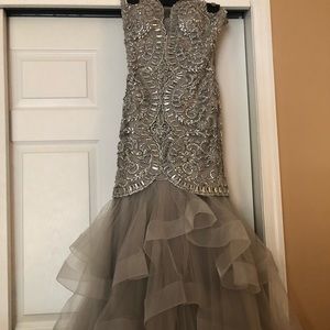 Formal silver beaded tulle fit and flare gown
